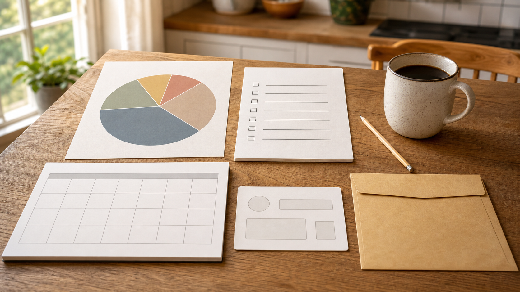 Household budgeting tools arranged on a warm kitchen table.