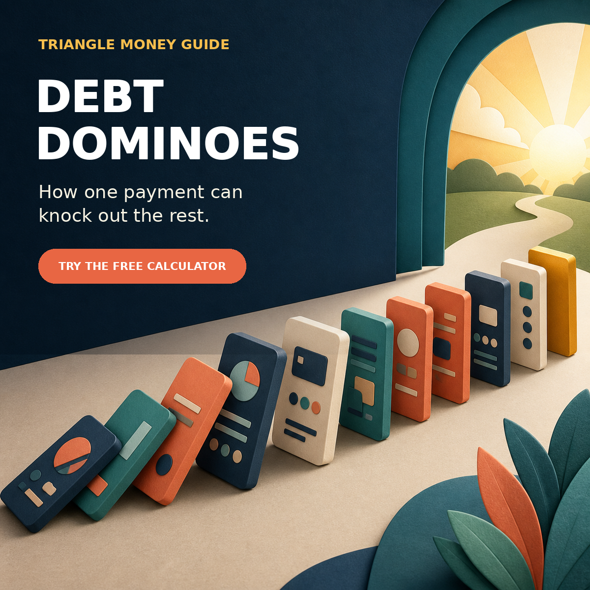 Debt Dominoes: a playful chain of financial dominoes building momentum toward a brighter path